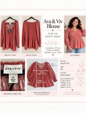 Ava & Viv Dusty Rose Smocked Peplum Blouse Womens 2X Long Sleeve Floral